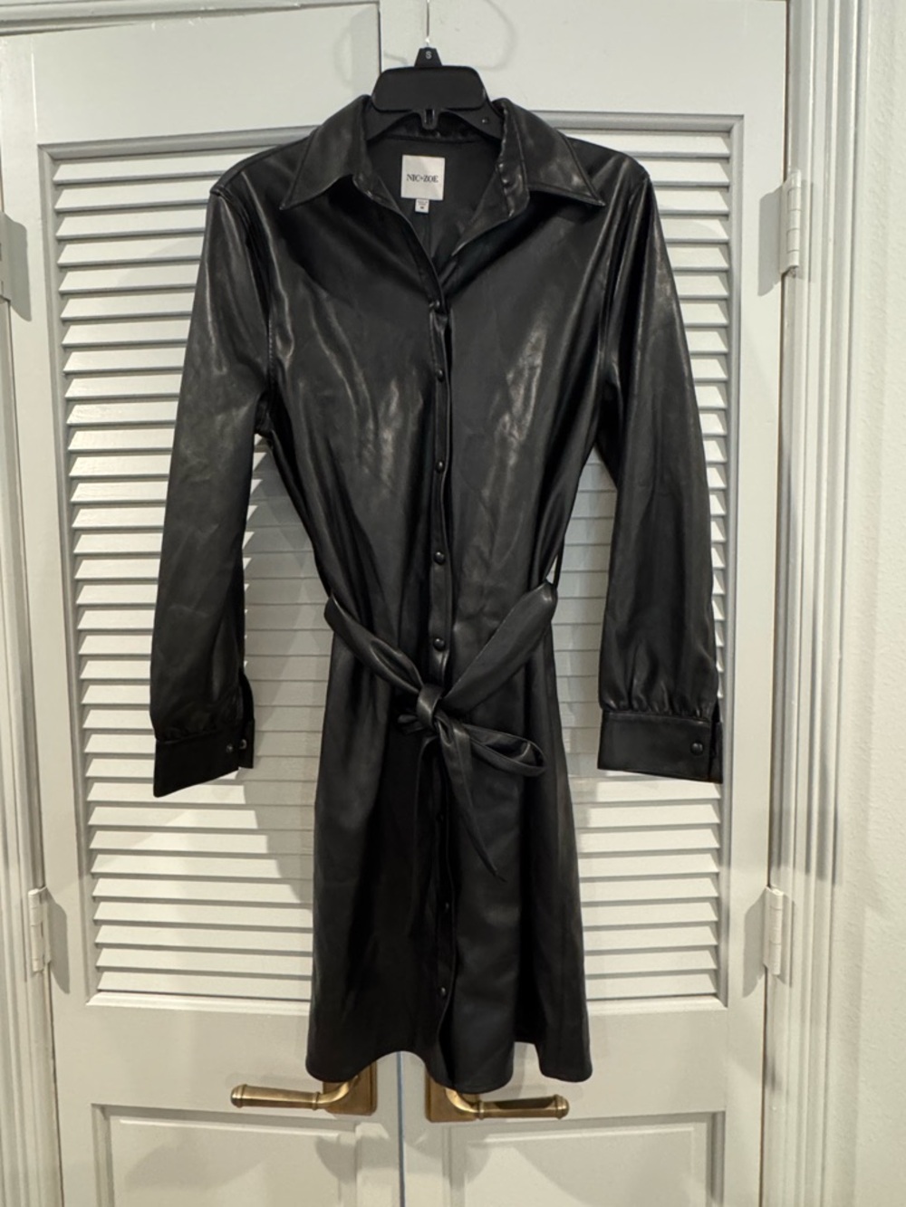 NIC+ZOE Black Faux Leather Button-Front Dress with Self-Tie Waist